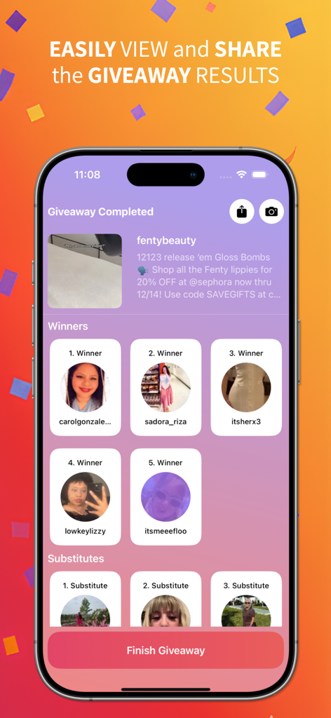 Giveaway Picker: Random Winner - Mobile app screen showing the list of winners and substitutes for an Instagram giveaway