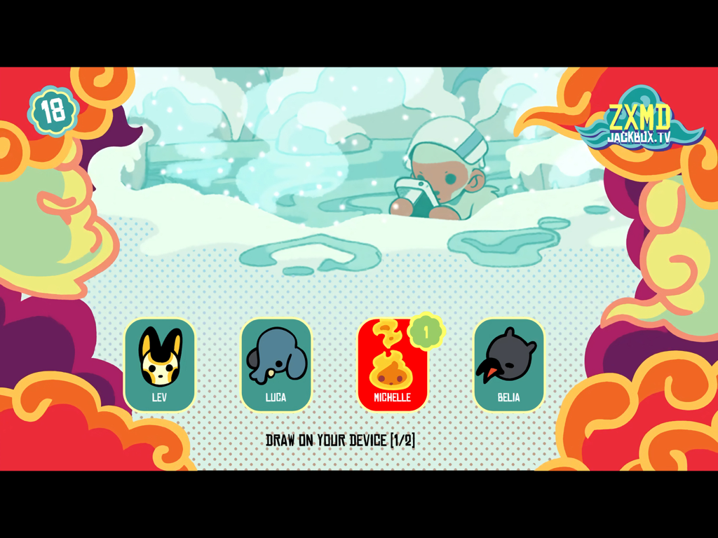 The Jackbox Party Starter - Fase di disegno nel gioco Tee KO di The Jackbox Party Starter che mostra gli avatar dei giocatori e un prompt per disegnare sul proprio dispositivo.