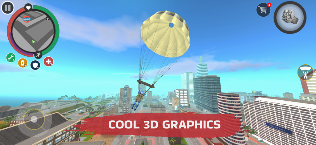 Superhéroe azul saltando en paracaídas sobre un entorno de ciudad en 3D en Rope Hero Vice Town