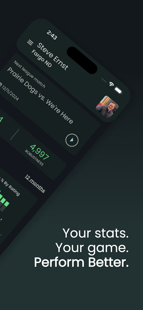 FargoRate - FargoRate app screen with pool player statistics and upcoming league match information