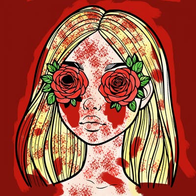 a realistic girl with roses for eyes