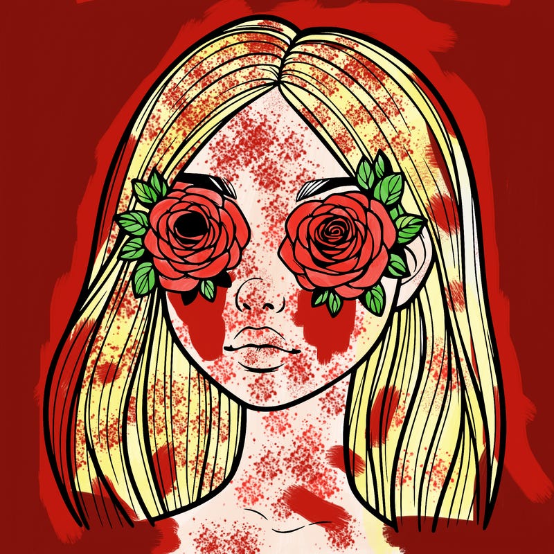 a realistic girl with roses for eyes