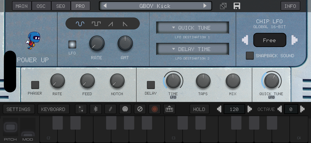 SNESynth: Chiptune Power! - Interface of the SNESynth chiptune synthesizer app showing retro controls and a piano keyboard.
