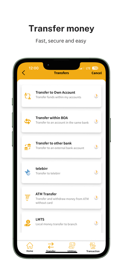 BoAMobile - Pantalla de transferencia de dinero de BoAMobile con varias opciones de transacciones bancarias.