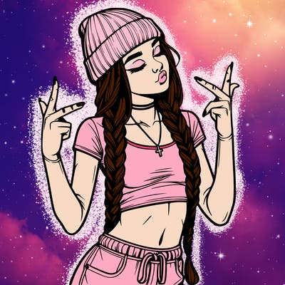 realistic teenage girl with braids and a beanie and crop top doing 🫶🏼