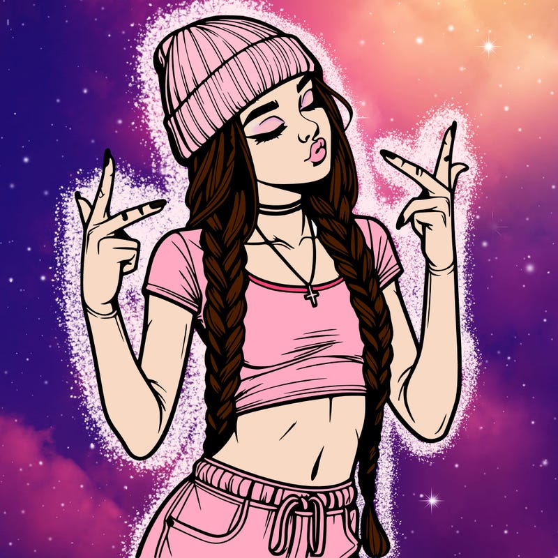realistic teenage girl with braids and a beanie and crop top doing 🫶🏼