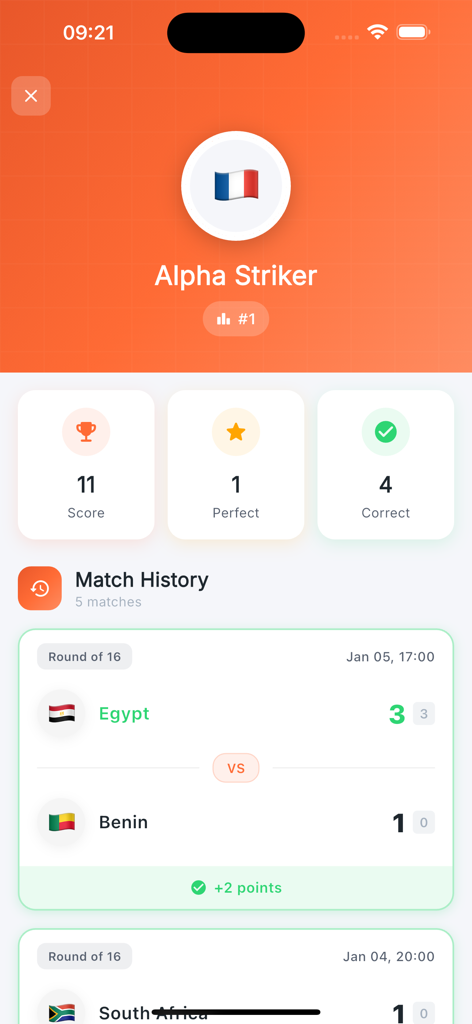 GoBet - GoBet user profile screen showing ranking stats and football match prediction history
