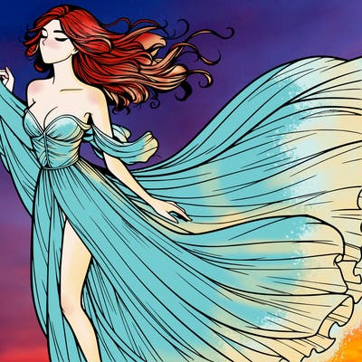 realistic woman in dress flowing the the wind