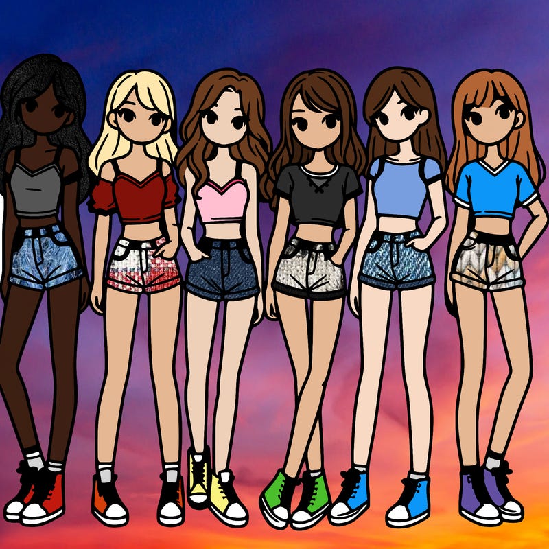 a group of girls wearing crop tops and shorts