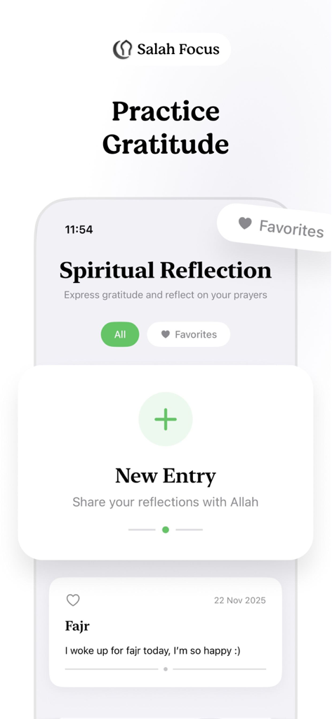 Salah Focus - Interface du journal de réflexion et de gratitude spirituelle dans l'application Salah Focus.