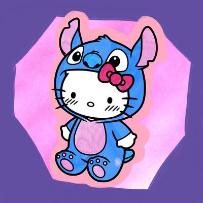 little cute hello kitty, blushing with little stitch costume