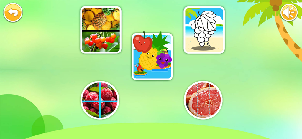 Écran du menu principal de l'application de jeu éducatif sur les fruits pour enfants, montrant des icônes pour différentes activités d'apprentissage sur le thème des fruits.