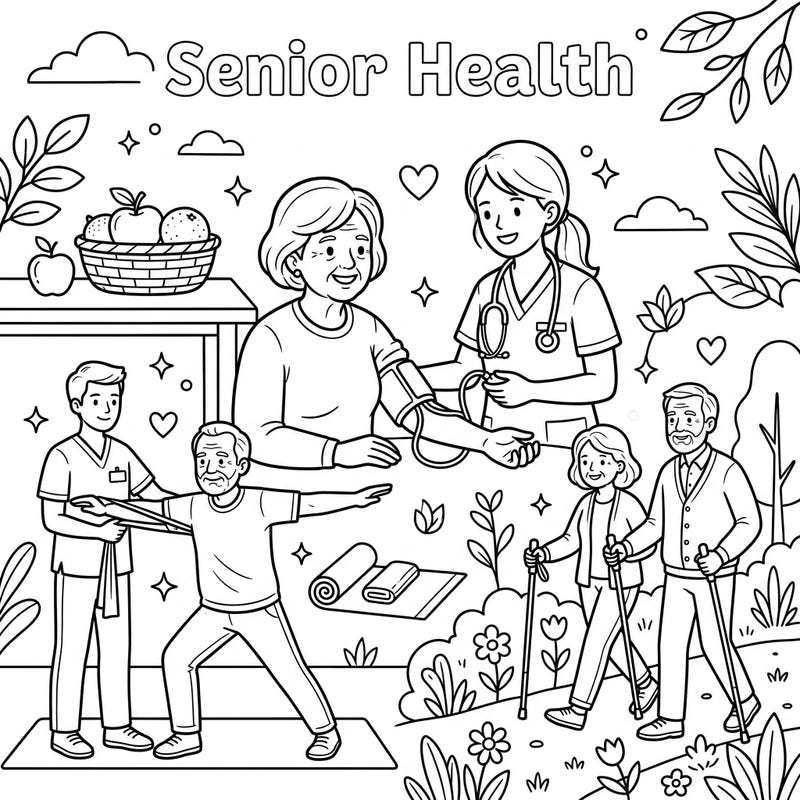 Explore the importance of healthy aging with this engaging Senior Health & Wellness coloring page. It beautifully illustrates various aspects of well-being, from medical care to active lifestyles.