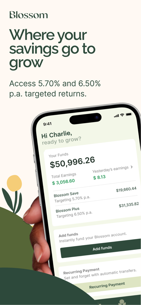 Blossom – Save & Invest. - Smartphone showing Blossom app dashboard with savings balance and targeted return rates