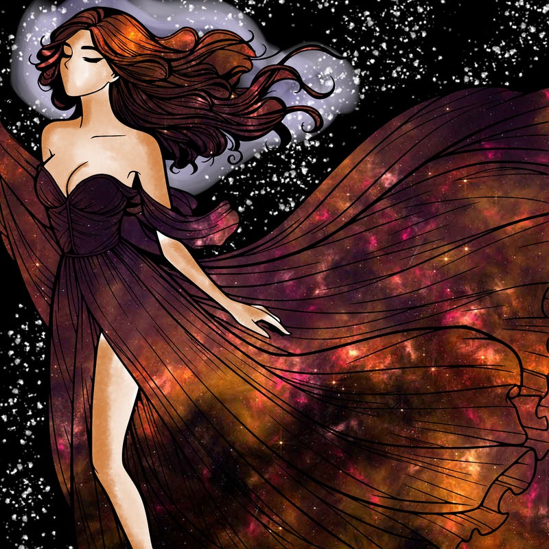 realistic woman in dress flowing the the wind