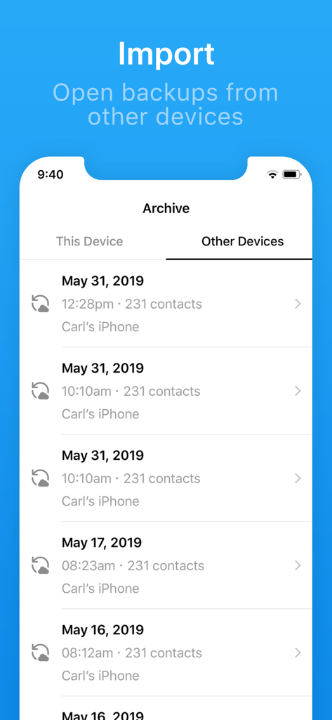 Interface showing a list of contact backups from another iPhone in the Contacts Backup and Transfer app