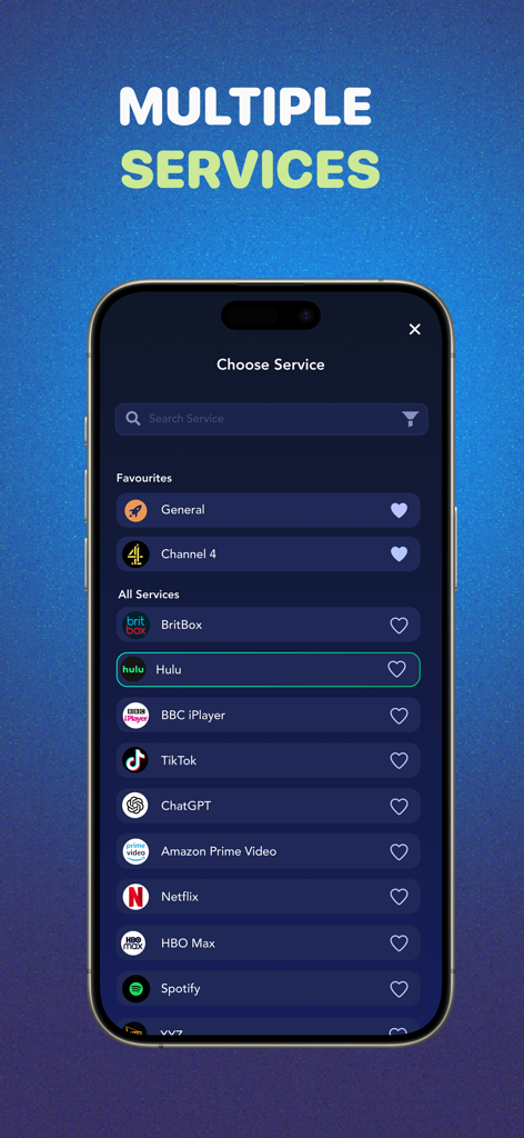 VPN US using Free VPN .org™ - Mobile screen showing a variety of streaming services like Netflix and Hulu accessible through the VPN US app