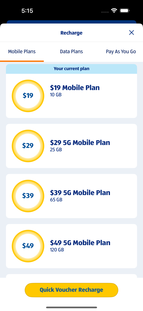 ALDI Mobile - ALDI Mobile app interface showing available prepaid mobile plans and data limits for account recharge