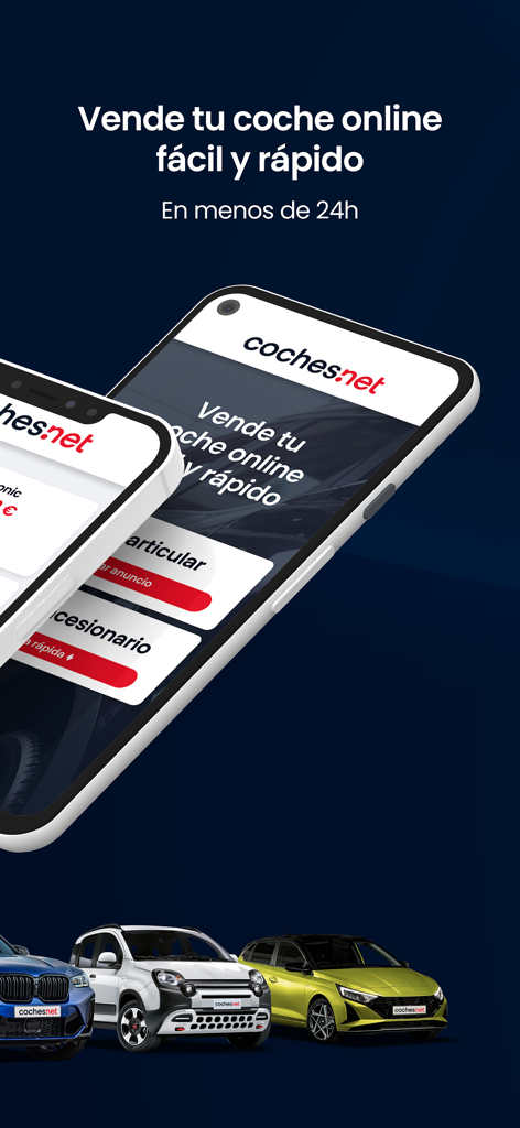 Mobile phone displaying the Coches.net app interface for selling cars online with various car models at the bottom