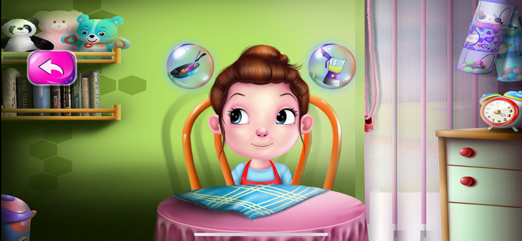 Cooking Chef: Master Kitchen - Una bambina cartone animato seduta a un tavolo con opzioni per cucinare o frullare in Cooking Chef Master Kitchen