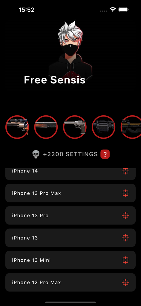 Only Red Settings app home screen showing sensitivity options for various iPhone models
