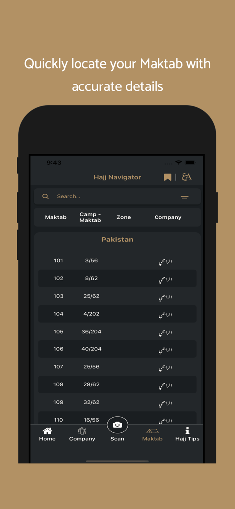 PHVG Hajj Navigator - A mobile app screen showing a list of Maktab and camp locations with detailed numbers for Hajj pilgrims in Pakistan