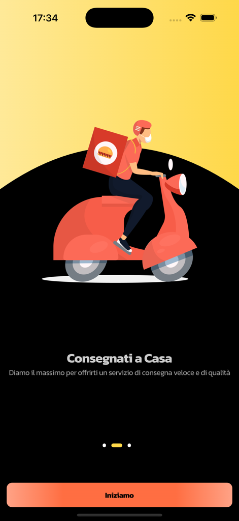 Flash-Deliveryアプリのオンボーディングプロセス用の赤いスクーターに乗った配達員のイラスト。