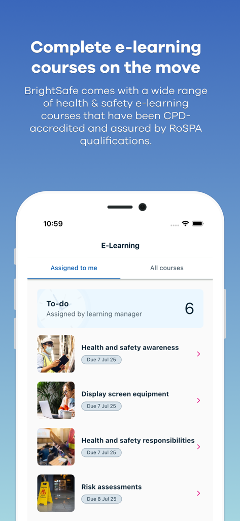 A mobile screen from the BrightSafe app displaying a list of assigned health and safety e-learning courses.