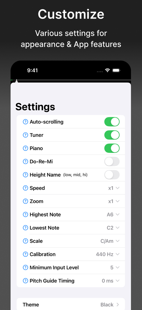 VocalTuner - VocalTuner settings screen with customization options for appearance and app features.