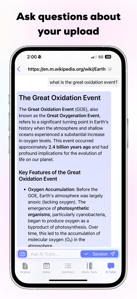 Mindgrasp - iPhone screen showing the Mindgrasp app AI Tutor answering a user question about a Wikipedia article link.
