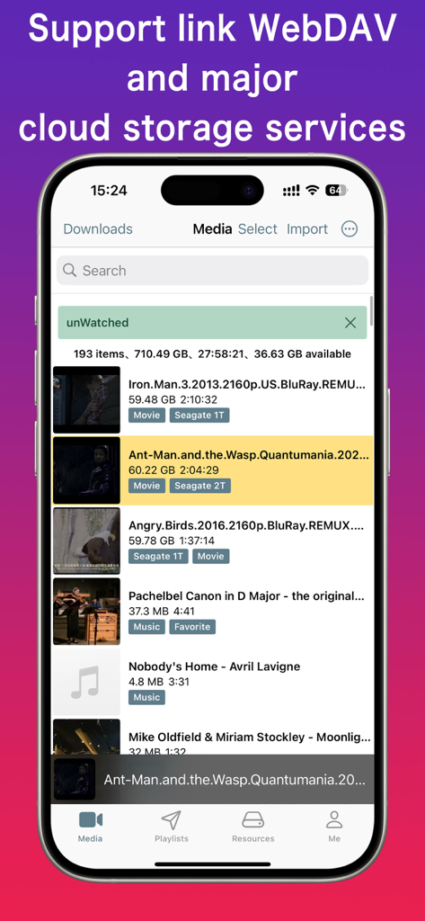 Media Pro App-Oberfläche, die eine Medienbibliothek mit WebDAV- und Cloud-Speicherintegration anzeigt