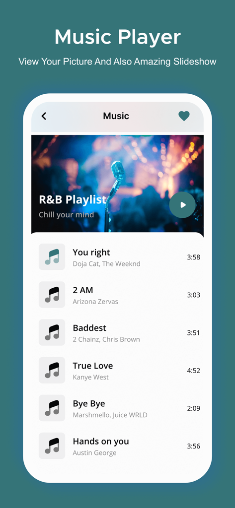 Photo Gallery : Albums - Interfaz de reproductor de música dentro de la aplicación Photo Gallery que muestra una lista de reproducción de R&B para presentaciones de diapositivas de fotos.