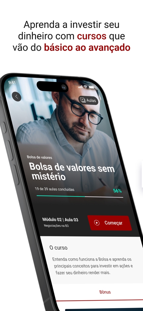 Santander Corretora: taxa 0 - Smartphone screen showing a stock market investment course on the Santander Corretora app