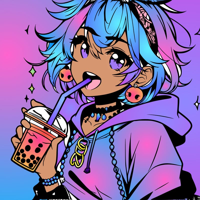 hot baddie anime girl drinking boba and biting the straw