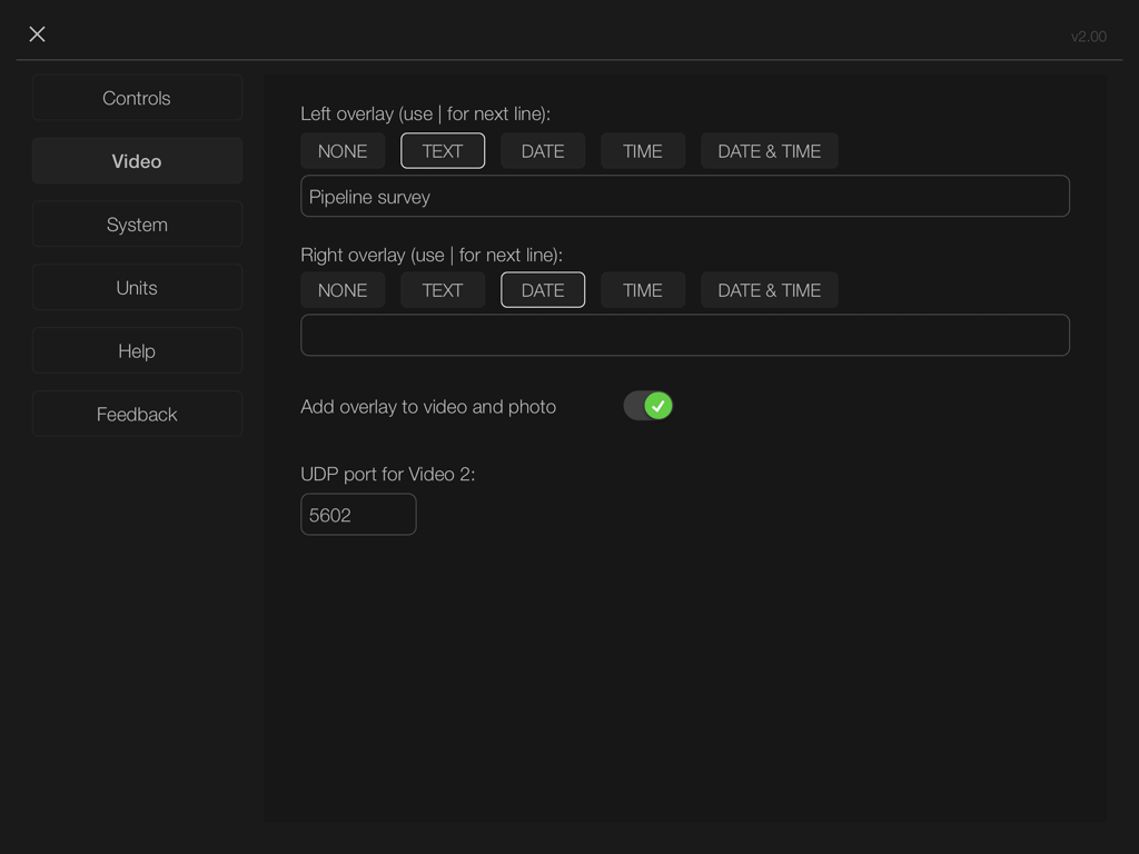 BlueROV Control - Configuración de video de la aplicación Control BlueROV mostrando opciones de superposición para inspecciones de tuberías y configuración de puerto UDP