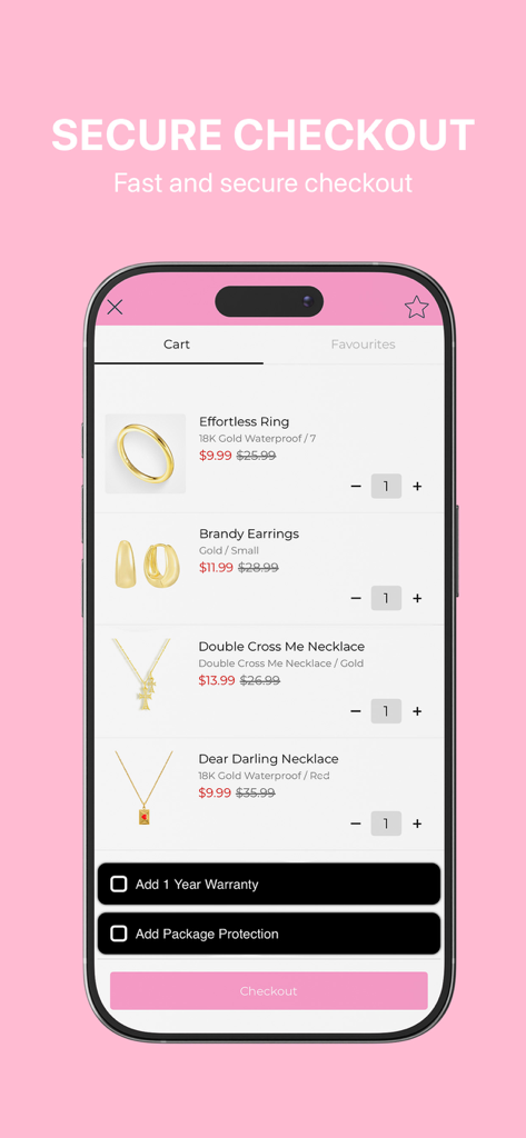 Visualizzazione del carrello dell'app Evry Jewels che mostra vari articoli di gioielleria e un pulsante di checkout.