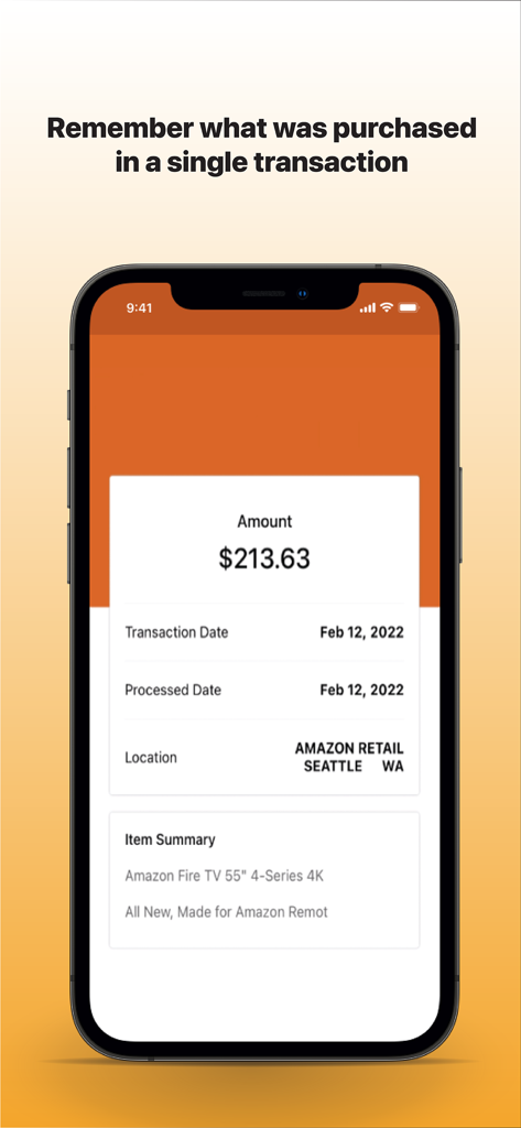 Pantalla móvil que muestra descripciones detalladas de artículos y detalles de transacciones para una compra de Amazon dentro de la aplicación Tarjeta de Tienda.