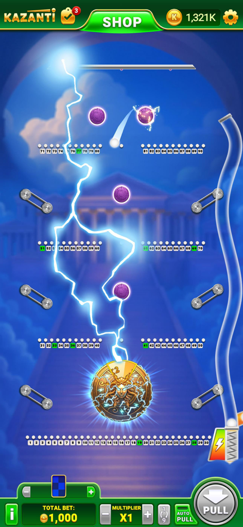 Kazanti: Fortune Tickets - Kazantiのゲームプレイ、パチンコボード上の金色のメダルに当たる雷のイメージ