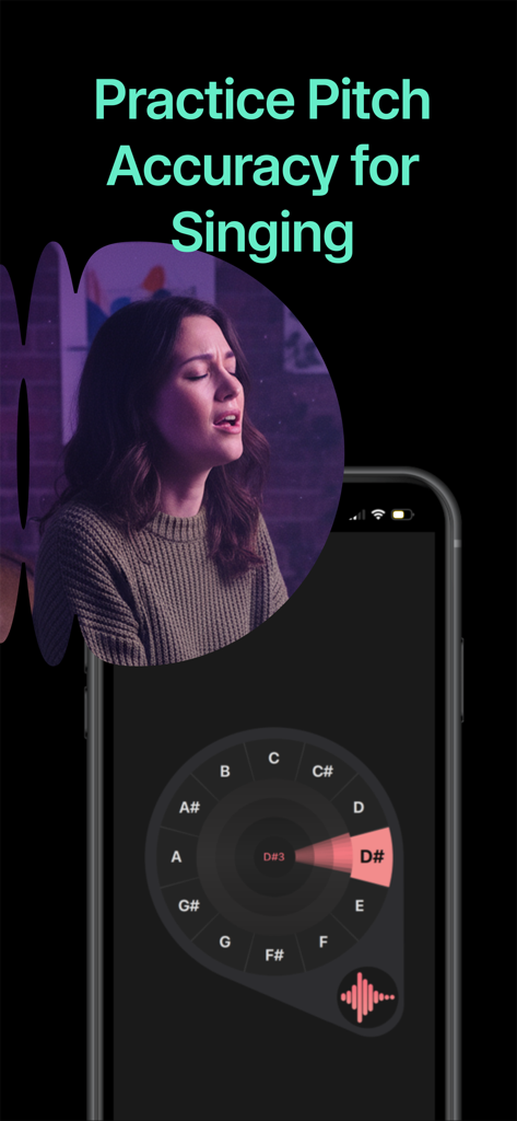 Pitch: Vocal Pitch Monitor - A woman practicing singing pitch accuracy with the Pitch Vocal Pitch Monitor app interface showing a real time pitch wheel