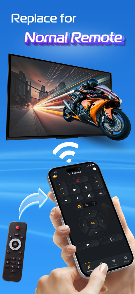 A hand holding an iPhone with a universal TV remote interface to replace a physical remote for a smart TV