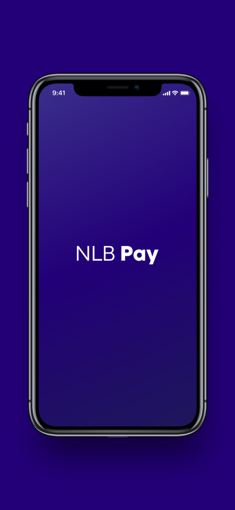 NLB Pay - NLB Pay mobile banking app splash screen on an iPhone displaying the company logo on a purple background