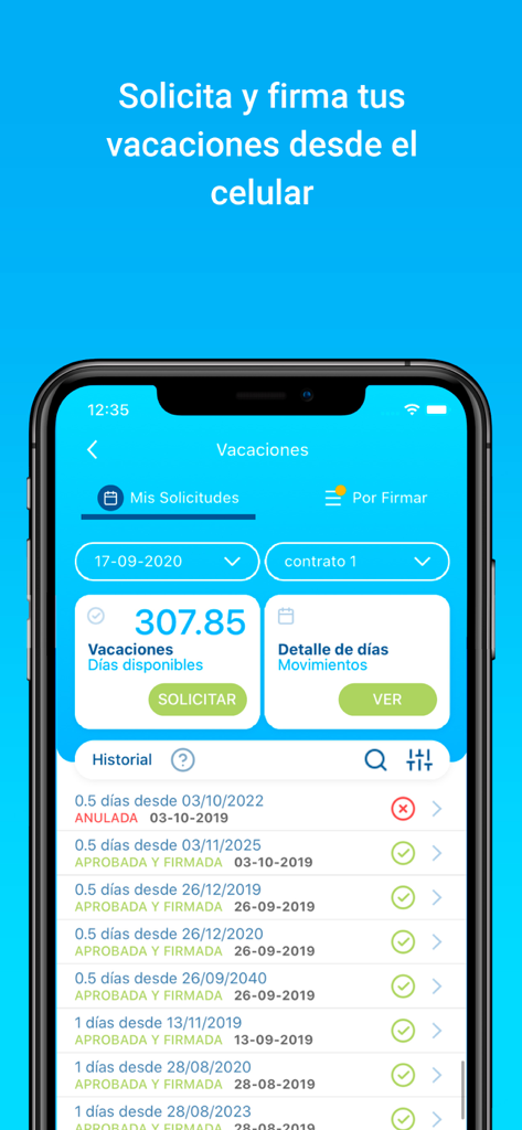 Rex+ - Interfaz móvil de la aplicación Rex plus que muestra el saldo de vacaciones del empleado y el historial de solicitudes