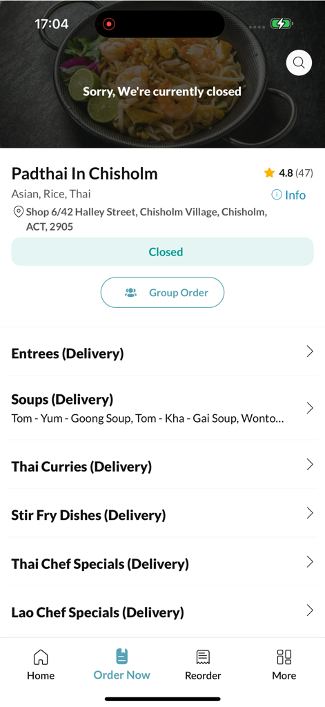 Menu categories screen of the Padthai In Chisholm food ordering app showing various Thai and Lao dishes.