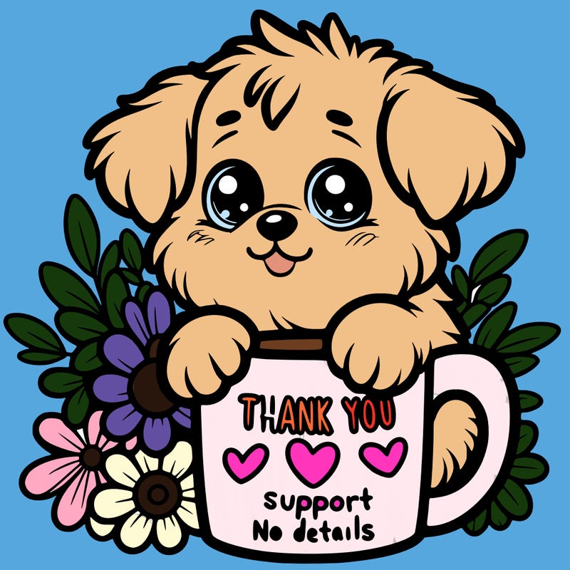 a really cute puppy holding a thank you for support mug with flowers everywhere