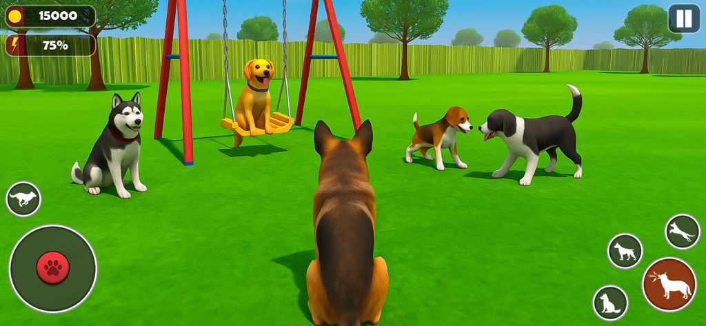 Several 3D virtual dogs of different breeds playing in a grassy park with a swing set.