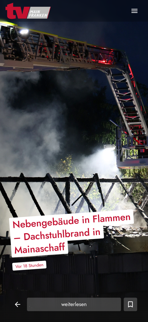 Nachrichtenartikel der TV Mainfranken App über einen Brand in Mainaschaff.
