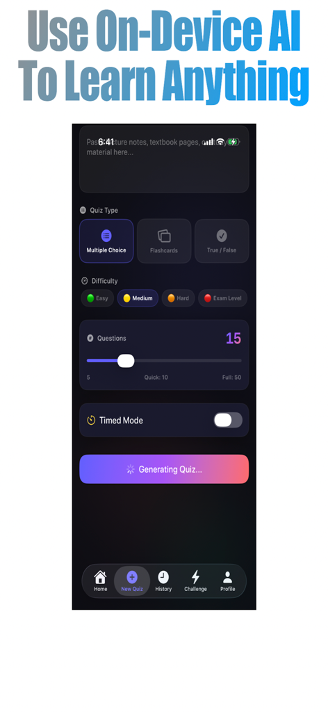 Study Quizzer - Interface of the Study Quizzer app showing options for generating a quiz with AI including quiz type difficulty level and question count