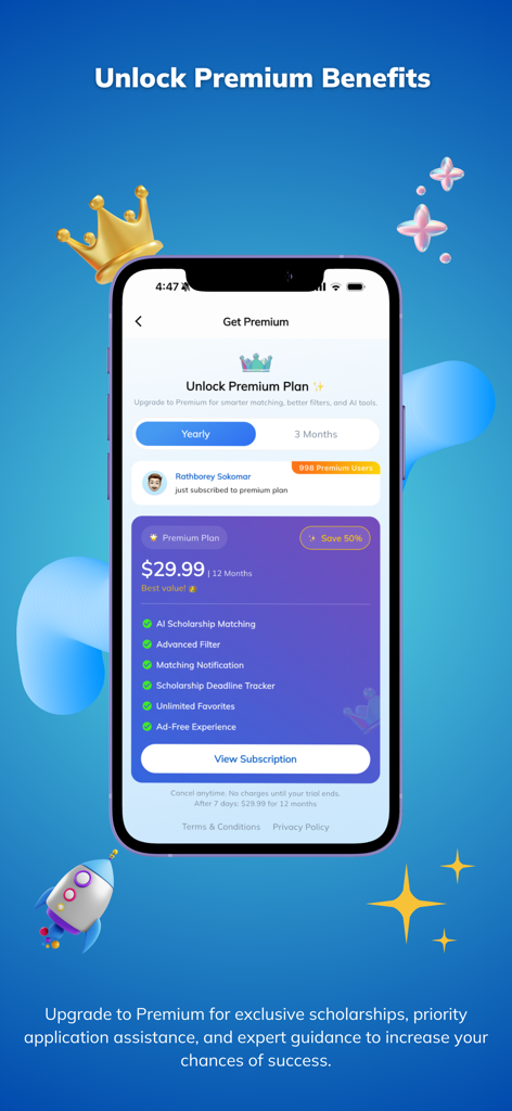 Scholarar - Scholarship App - Screenshot of the Scholarar app premium subscription page highlighting AI matching and scholarship tracking features.