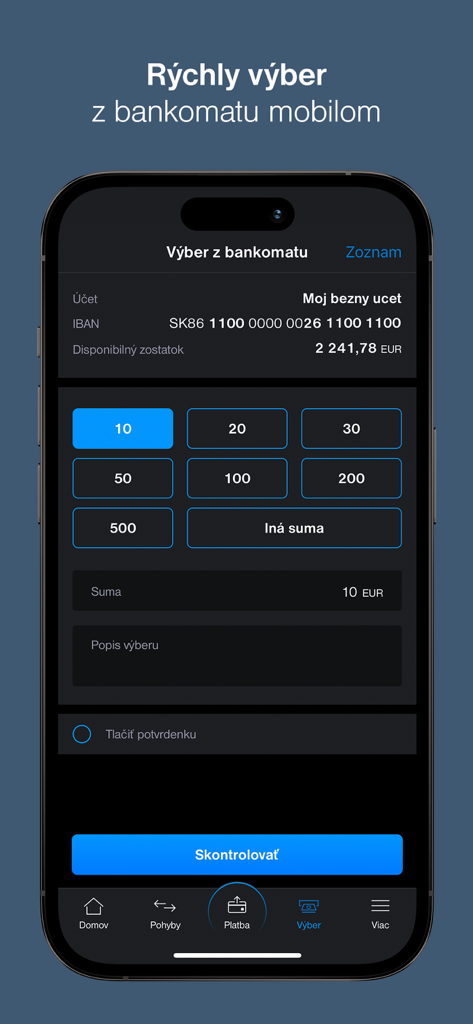 Tatra banka - Mobile app interface for quick ATM withdrawal with preset amount buttons