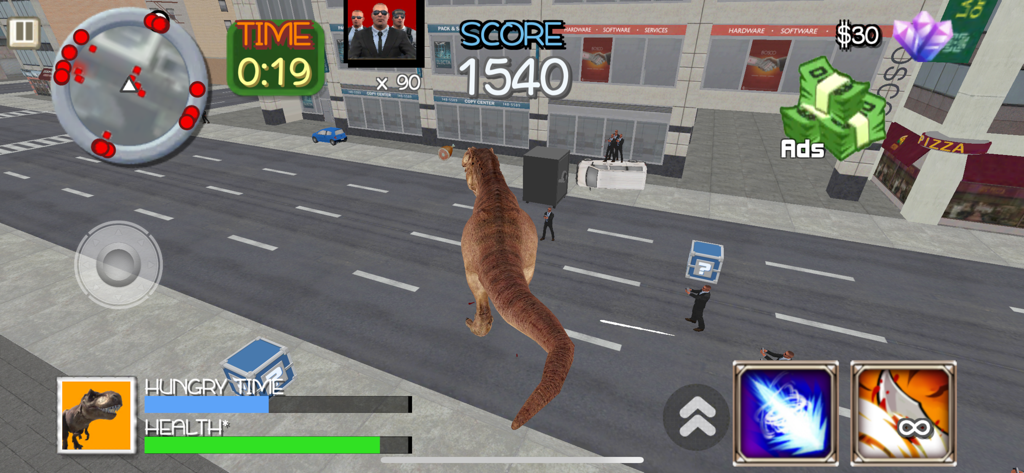 T-rex Simulator City World - Jugabilidad de un dinosaurio T-Rex caminando por una calle de la ciudad con elementos de interfaz del juego